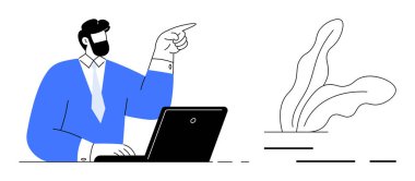 Mavi takım elbiseli sakallı bir adam bir masada oturuyor ve sağı gösteren bir dizüstü bilgisayarın üzerinde çalışıyor. Onun yanında bir bitki var. İş için ideal, ofis ayarları, uzaktan çalışma, profesyonel rehberlik, işyeri