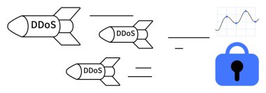 Üzerinde DDoS yazan füzeler üzerinde grafik olan mavi bir kilide nişan alınır. Siber saldırıları resmetmek için idealdir. Çevrimiçi tehdit ağı zayıflıklarını korumak için. Siyah, beyaz, mavi renkler. Çizgi film