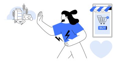 Kadın alışverişi reddetmek için elini kaldırırken elinde bir telefon satın alma düğmesi tutuyor. Çevrimiçi alışveriş dijital ticaret mobil uygulamaları için ideal modern tüketim kolaylığı perakende dönüşüm alışverişi