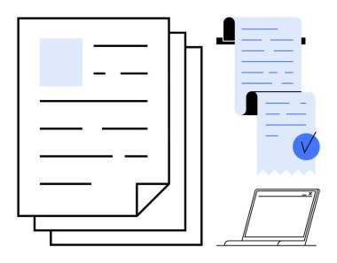 Yığınla belge, işaretli bir makbuz ve bir dizüstü bilgisayar. İş için ideal, belgeler, dijital iş akışı, muhasebe, ofis yönetimi. Temiz, minimalist stil