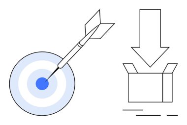 Mavi dart, hedefin merkezine yukarıdan aşağıya doğru ok atılmış boş bir kutunun yanına isabet ediyor. Hedefler için ideal başarı, dağıtım, e-ticaret, lojistik, kesinlik. Basit, doğrusal, minimalist biçim