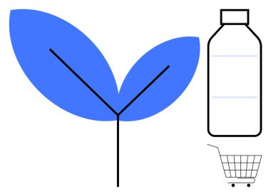 Tekrar kullanılabilir bir şişe ve alışveriş arabasının yanında siyah saplı mavi yapraklar. Çevre dostu yaşam, sürdürülebilirlik, yeşil alışveriş, çevre bilinci ve sıfır atık yaşam tarzı için ideal