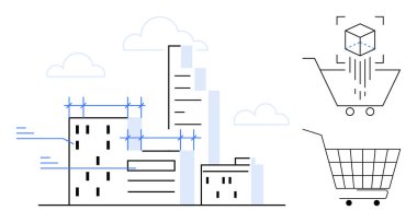 Çizgi sanatı, soldaki kentsel binaları üst üste yerleştirilmiş planlar, iki alışveriş arabası ve sağda bir küp ile tasvir ediyor. Mimarlık, kentsel planlama, e-ticaret için ideal
