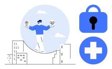 Mavi giyen adam, fikir ve ortaklığın simgelerini taşıyan binaların üzerinde dengede duruyor. Yanında güvenlik kilidi ve tıbbi haç var. İş için ideal, yenilik, güvenlik, ortaklık, sağlık. Basit.