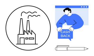 Duman yığınları olan bir fabrika, web tarayıcısında nakit saklayan bir kişi ve kalem. Çevresel etki kavramları için ideal, çevrimiçi iş, geri ödeme programları, sanayileşme, teknolojik kullanım. Basit.