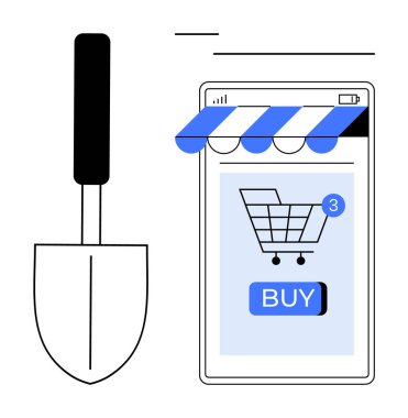 Bahçe malalı akıllı telefon ekranında dijital alışveriş arabası. Ecommerce, online alışveriş, bahçe malzemeleri, dijital pazarlama, kullanıcı deneyimi için ideal. Temiz ve basit tasarım