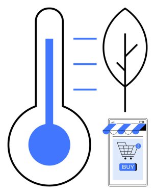 Mavi sıvılı termometre, yaprak sembolü ve alışveriş arabalı akıllı telefon. İklim değişikliği, çevre dostu alışveriş, sürdürülebilirlik, çevrimiçi perakende ve çevresel etki için ideal. Modern