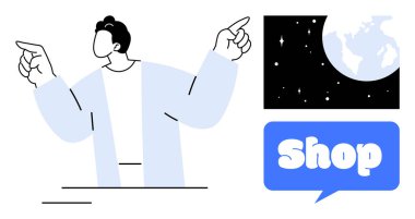 Man pointing both fingers up, space with Earth, and blue speech bubble with the word Shop. Ideal for e-commerce, space-themed stores, online businesses, advertising, marketing. Simple, clean, modern clipart