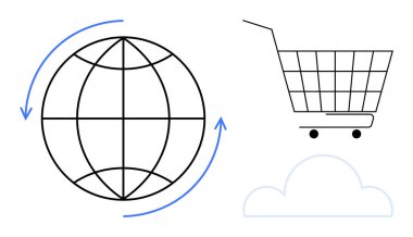 Mavi okları, alışveriş arabası ve bulutu olan bir dünya. E-ticaret için ideal, küresel ticaret, bulut hesaplama, online iş, teknolojik yenilik. Basit, minimalist, modern.