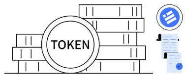 Önünde TOKEN etiketli belirgin bir jetonla istiflenmiş dijital jetonlar görülebilir. Onların yanında, dairesel mavi bir logo ve iki sözleşme görülüyor. Engelleme zinciri, kripto para birimi ve dijital varlıklar için ideal