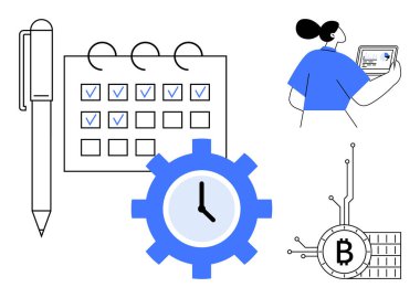 İşaretli kalem ve takvim, mavi saat donanımı, dizüstü bilgisayarı olan insan ve Bitcoin sembolü. Üretkenlik, zaman yönetimi, dijital ekonomi, kripto para birimi ve modern çalışma alanları için ideal