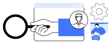 Bilgisayar ekranının üzerinde büyüteç tutan bir el. Kullanıcı avatarı, ayarları ve nakit para ikonu var. Müşteri geribildirimi, kullanıcı arayüzü tasarımı, çevrimiçi hizmetler, e-ticaret için ideal