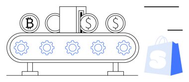 Dişli mekanizmasının yanında Bitcoin ve Dolar sembolleri üreten bir taşıma bandı sistemi. Çevrimiçi ticareti gösteren bir alışveriş çantası sağda. Finansman otomasyonu e-ticaret için ideal