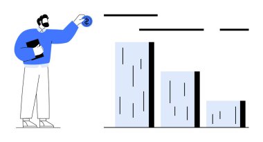 Elinde belge tutan ve madeni para yerleştiren bir adam yatırım ve mali analizi temsil eder. İş, finans, yatırım, ekonomik trendler ve piyasa analizleri için ideal. Basit ve modern stil