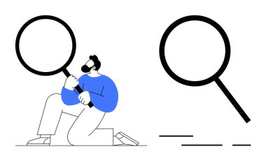 Diz çöküp bir şeyi incelerken büyük bir büyüteç kullanan kişi. Analiz, araştırma, araştırma ve keşif için ideal. Çizgi film tarzı vektör sanatı