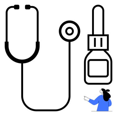 Stetoskop ve damlalık şişesi, işaret eden birinin yanında. Tıbbi temalar, sağlık terfisi, sağlık, hastane ekipmanları ve hasta bakımı için ideal. Basit ve modern stil
