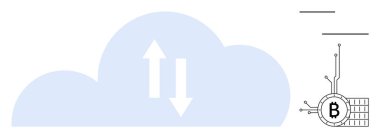 Yukarı ve aşağı okları olan büyük mavi bulut, sağ tarafta bir dolar var. Bulut hesaplama, kripto para birimi, veri değişimi, engelleme teknolojisi, dijital finans için ideal. Basit, modern, temiz bir tarz.