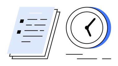 Basit bir saatin yanında bir yığın belge. Zaman yönetimi verimliliği için ideal ofis çalışma verimliliği. Minimalist temiz vektör biçimi