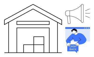 Simple style graphic featuring a warehouse with stacked boxes, a megaphone symbolizing announcements or promotions, and a man holding a cash back sign. Ideal for e-commerce, storage solutions clipart