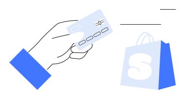 Hand holding a card towards a shopping bag with lines in the background Ideal for themes, such as online shopping ecommerce contactless payments retail and convenience in modern shopping Simple clipart