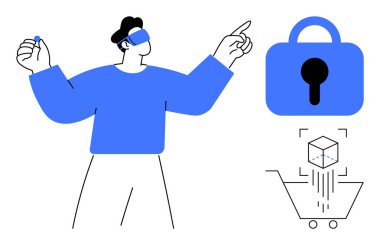 Güvenlik ve e-ticaret unsurları ile etkileşen VR kulaklık takan bir kişi, kilit ve soyut bir alışveriş arabası gibi. Teknoloji için ideal, sanal gerçeklik, çevrimiçi güvenlik, dijital yenilik