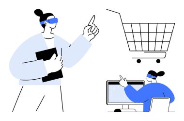 Teknoloji ve VR gözlük kullanan iki kişi bir alışveriş arabası ve bilgisayar ekranını ön plana çıkarıyor, teknoloji için ideal Sanal gerçeklik ve dijital ticaret e-ticaret Online alışveriş alanında icat