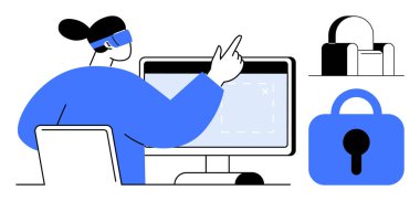 VR kulaklık takan ve bilgisayarla etkileşim halinde olan kişi sanal gerçeklik teknolojisini vurguluyor. Asma kilit sembolü ve sandalye simgesi de dahil. Sanal gerçeklik, teknoloji ve veri güvenliği için ideal