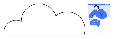 Mavi bir tarayıcı penceresinde sağda nakit para teklif eden bir bulutun taslağı. Teknoloji, bulut hesaplama, online alışveriş, müşteri teşvikleri, dijital hizmetler için ideal. Basit.