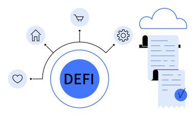 Bulut tabanlı belge ile finans, ev, alışveriş ve ayarları temsil eden ikonlara bağlı DeFi merkez dairesi. Teknoloji, finans, engelleme zinciri, iş ve yenilik temaları için ideal