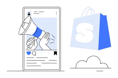 Cep telefonunda pazarlama duyurusunu gösteren bir megafon ikonu olan bir sosyal medya iletisi var. Alışveriş torbası online ticareti sembolize eder. Çevrimiçi dijital pazarlama, sosyal medya için ideal