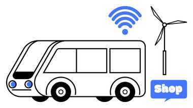 Yakınlarda rüzgar türbini, kablosuz sembol ve bir alışveriş ikonu olan gelecekçi bir otobüs. Akıllı şehir kavramları, yeşil enerji, sürdürülebilir ulaşım, teknoloji entegrasyonu ve geleceksel