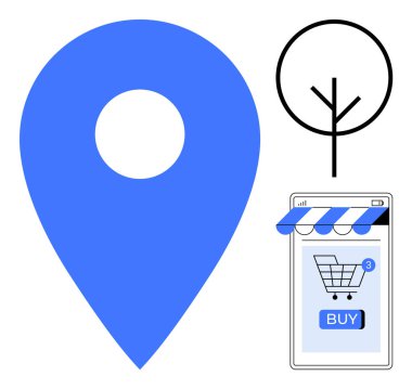 Large blue location pin, a simplified tree symbol, and a smartphone with a shopping cart and buy button. Ideal for online shopping, navigation apps, location services, minimalistic design clipart