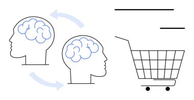 Görünür beyinli ve oklu iki insan kafası alışveriş arabasının yanında değiş tokuş olduğunu gösteriyor. Tüketici davranışı, karar verme, psikoloji, pazarlama, nöroekonomi için idealdir. Basit satır biçimi
