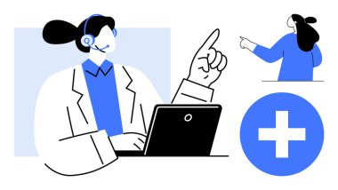 Tıbbi uzman, sanal bir muayeneye katılan bir kulaklık takarak masada oturuyor. Teletıp için ideal, çevrimiçi sağlık hizmetleri, tıbbi danışma, sağlık teknolojisi, sanal danışma