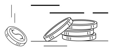 Bir yığın bozuk para ve düşen bir bozuk para. Finans, bankacılık, para, tasarruf ve ekonomi için ideal. Basit çizgiler sanat tarzı