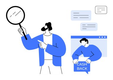 Elinde büyüteç tutan bir adam tarayıcı penceresinde elinde nakit para levhasıyla başka bir kişiyi izliyor. Çevrimiçi alışveriş, müşteri desteği, ödüller, e-ticaret, dijital işlemler için ideal. Modern daire