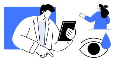 Tıbbi uzman tableti aşağıya doğru tutuyordu, sağ tarafı işaret eden kişi, gözyaşı damlasıyla büyük bir göz sembolü. Sağlık, teknoloji, teletıp, hasta bakımı iletişimi ve vizyon desteği için ideal