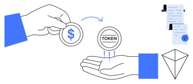 Sözleşme evrakları ve engelleme sembolü olan başka bir el jetonuyla el değiştiriyoruz. Kripto para birimi, engelleme zinciri, akıllı sözleşmeler, dijital işlemler için ideal