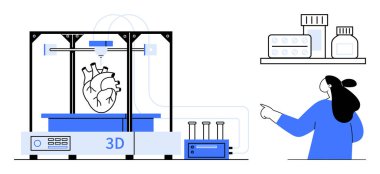 3 boyutlu bir yazıcı, ilaç şişeleriyle raflara bakan bir teknisyenle kalp modeli yaratıyor. Tıbbi gelişmeler, biyoteknoloji, teknolojik yenilik, sağlık ve bilimsel gelişmeler için ideal
