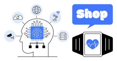 Bulut, ağ, robot kol, kamera ve sunucuya bağlı yapay zeka çipli beyin, konuşma balonunda kalp atış hızı mağazası simgesini gösteriyor. Teknoloji, yapay zeka, internet ve e-ticaret için ideal.