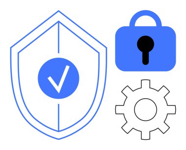 Üzerinde kontrol işareti, asma kilit ve vites sembolü olan bir kalkan. Güvenlik, koruma, gizlilik, teknoloji ve konfigürasyon temaları için ideal. Mavi ve siyah renkli basit modern biçim, vektör