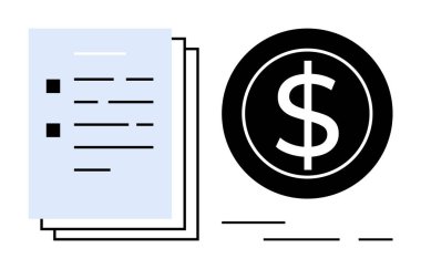 Siyah bir çemberdeki dolar sembolünün yanındaki metin satırları. Finans, iş, kontrat, yasal, muhasebe için ideal. Siyah ve mavi renkli minimalist vektör biçimi
