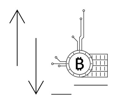 Bitcoin sembolü yukarıdaki ve aşağıdaki okların yanındaki devre hatlarına bağlı. Kripto para birimi, engelleme teknolojisi, dijital finans, piyasa eğilimleri, ticaret dinamikleri için ideal. Çizgi sanatı