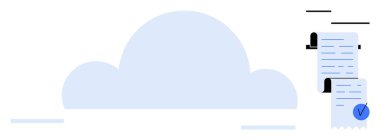 Belgeleri ve işaretleri olan bir bulut. Dijital depolama, bulut hesaplama, çevrimiçi belge yönetimi, veri senkronizasyonu, üretkenlik araçları için ideal. Mavi, beyaz minimalist vektör biçimi