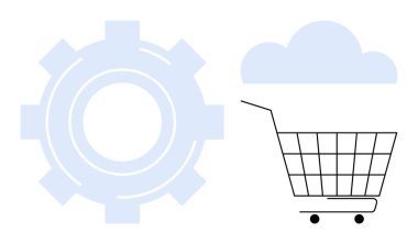 Açık mavi bir vites, mavi bir bulut ve siyah bir alışveriş arabası. E-ticaret, bulut bilgisayarı, iş otomasyonu, online alışveriş, dijital altyapı için ideal. Minimalist stil