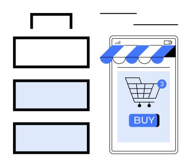 Alışveriş arabası simgesi ve satın alma düğmesi ile çevrimiçi dükkan gösteren mobil cihaz. Alışveriş poşeti simgesi ve navigasyon menüsü de görünür. eCommerce, online alışveriş, mobil uygulamalar, dijital için ideal
