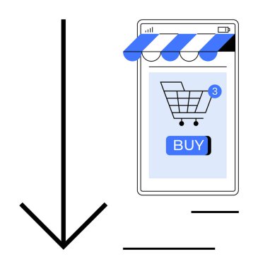 Çizgili mavi ve beyaz tenteli mobil bir cihaz ekranı, tebligatlı bir alışveriş arabası ve satın alma düğmesi. Aşağıya doğru bir ok sembolü yerleştirilmiş. E-ticaret için ideal.