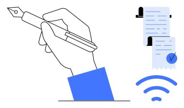 El ele tutuşma kalem yazma, metin ve işaretli belge, beyaz arkaplanda mavi kablosuz sinyal. İletişim, eğitim, uzaktan çalışma, dijitalleştirme, çevrimiçi hizmetler için ideal. Minimalist