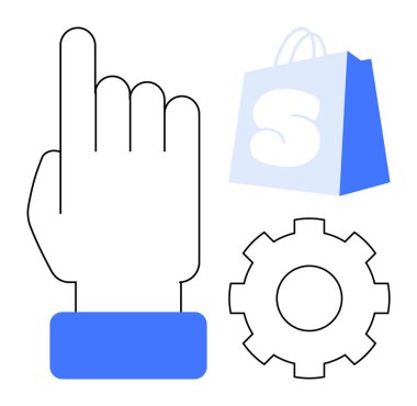 Yukarıya bakan el simgesi, mavi vites ve mavi alışveriş çantası. E-ticaret, online alışveriş, web geliştirme, uygulama tasarımı, pazarlama, iş hizmetleri için ideal. Biçim Minimalisti