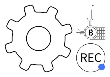 Büyük teçhizat teknoloji ve mekaniği simgeler. Devreye bağlı Bitcoin sembolü şifreli para birimini temsil ediyor. REC tuşu kayıt ya da veri yakalamayı simgeler. Teknoloji gibi kavramlar için ideal.